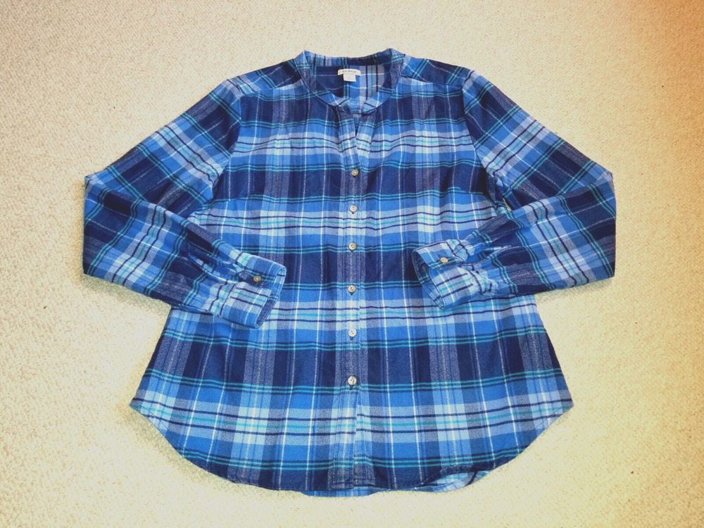 Womens Top-L.L. BEAN-blue/white plaid 100% cotton flannel button-up shirt ls-XS
